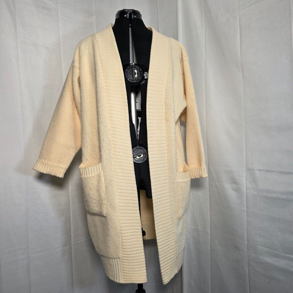 VTG 90s Bedford Fair Open Knit Cardigan Sweater Womens Petite M Ivory Duster